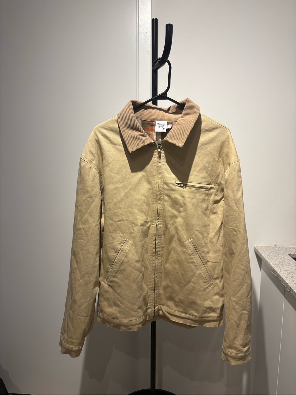 Princess Polly Tan Corduroy Zip Jacket with Orange Plaid Lining